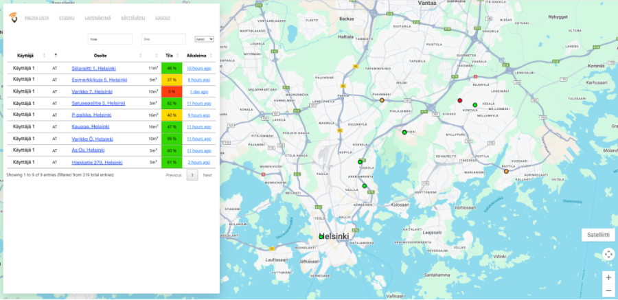 Kuvassa laitelista ja karttanäkymä